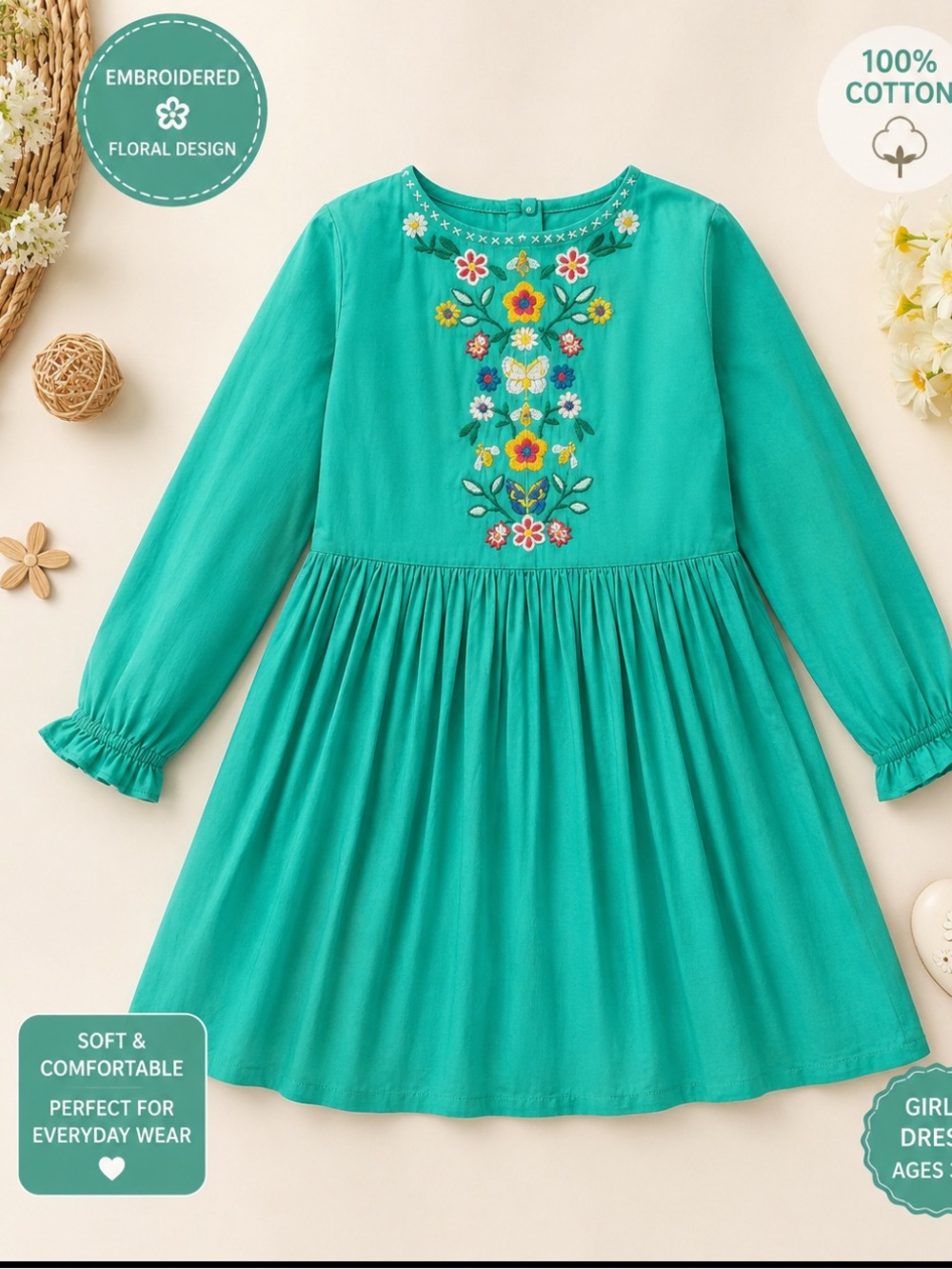 Mini Boden Green Floral Embroidered Long-Sleeve Dress. Girl’s Sz-6/7 Swiss Dot